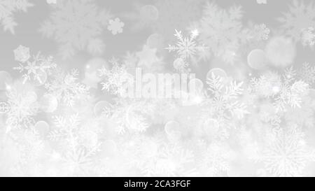 Weihnachtliche Illustration mit weißen Schneeflocken, Blendung und funkelt auf grauem Hintergrund Stock Vektor