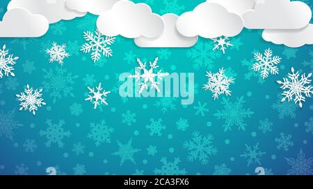 Weihnachtliche Illustration mit weißen Wolken und Schneeflocken auf hellblauem Hintergrund Stock Vektor