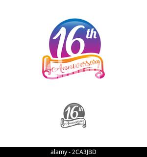 16 Jahre Jubiläums-Logo-Vorlage isoliert auf weißem, schwarzem und weißem Stempel 16th Jubiläums-Icon-Etikett mit Band Stock Vektor