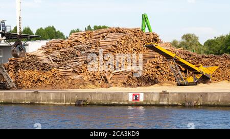 Stapel von Holzstämmen und ein Förderband an einem Dock am Fluss Trave. Symbol für die Holzfällerindustrie. Stockfoto