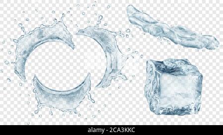 Set aus durchscheinendem halbrunden Wasserspritzern mit Tropfen, Flüssigkeitsstrahl und Eiswürfel in grauen Farben, isoliert auf transparentem Hintergrund. Transparenz Stock Vektor