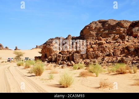 Algerien, Illizi, Tadrat Nationalpark: Felsformationen in der Wüste. Stockfoto