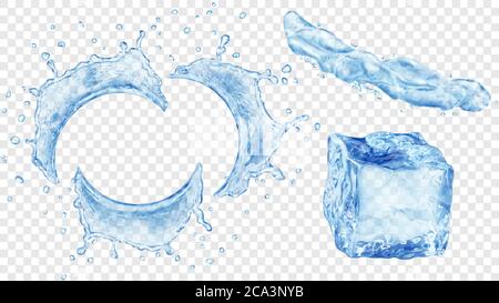 Set aus durchscheinendem halbrunden Wasserspritzern mit Tropfen, Flüssigkeitsstrahl und Eiswürfel in blauen Farben, isoliert auf transparentem Hintergrund. Transparenz Stock Vektor