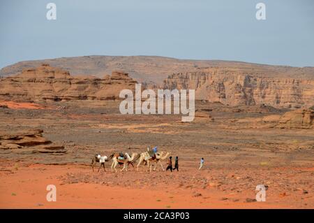 Algerien, Illizi, Tassili N'Ajjer Nationalpark: Berber Kamelzug im Wadi Bouhadian im Tadrart Gebirge. Stockfoto
