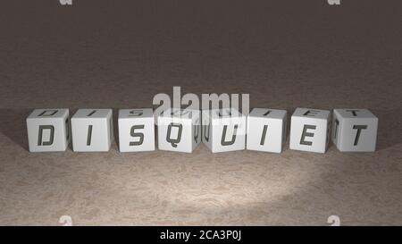 Alphabetische Unruhe, angeordnet nach kubischen Buchstaben auf einem Spiegelboden, Begriffsbedeutung und Präsentation in 3D-Perspektive Stockfoto