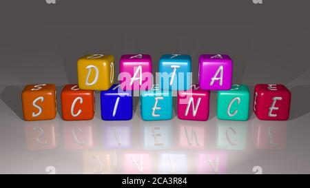 DATA SCIENCE angeordnet durch kubische Buchstaben auf einem Spiegelboden, ideal für Konzept Bedeutung und Präsentationen. Illustration und Business. 3D-Illustration Stockfoto