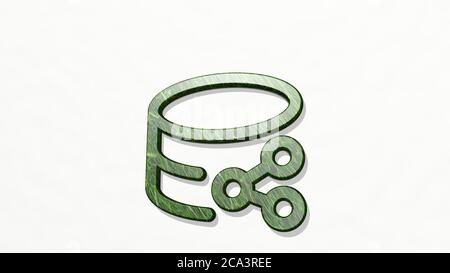 Datenbankfreigabe aus einer Perspektive an der Wand. Eine dicke Skulptur aus metallischen Materialien von 3D-Rendering. Illustration und Konzept Stockfoto