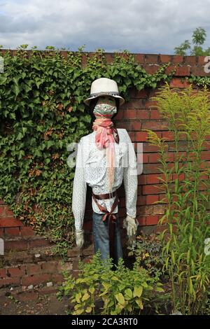 Vogelscheuche trägt eine Gesichtsmaske in Bridgnorth Stadtpark, Shropshire, England, Großbritannien. Stockfoto