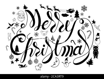Frohe Weihnachten handgezeichnete Schrift mit Ornamenten Doodle zur Dekoration auf weißem Hintergrund. vektor-Illustration Stock Vektor