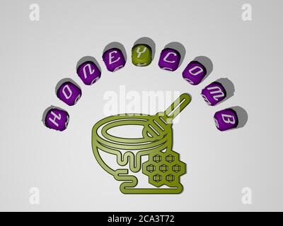 3D-Grafik-Bild der WABE vertikal zusammen mit Text um das Symbol von metallischen kubischen Buchstaben aus der oberen Perspektive gebaut, hervorragend für das Konzept Präsentation und Diashows. Stockfoto