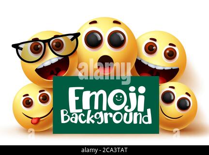 Emoji Smileys Vektor Hintergrund. Emojis Emoticons in fröhlichen und lustigen Mimik mit grünen Raum für Text in weißem Hintergrund. Vektor Stock Vektor