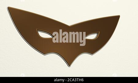 Maske aus einer Perspektive an der Wand. Eine dicke Skulptur aus metallischen Materialien von 3D-Rendering. Illustration und Hintergrund Stockfoto