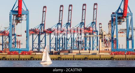 Kleines Segelboot vor einem Containerterminal im Hamburger Hafen. Riesige Hafenkrane im Hintergrund. Stockfoto