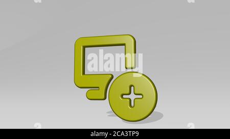 Monitor fügen Sie durch 3D-Illustration einer glänzenden Metallskulptur mit dem Schatten auf hellem Hintergrund gemacht. Computer und Business Stockfoto