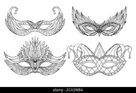 Set von handgezeichneten Doodle Gesicht Urlaub Masken. Festival Mardi Gras, Maskerade. Stock Vektor