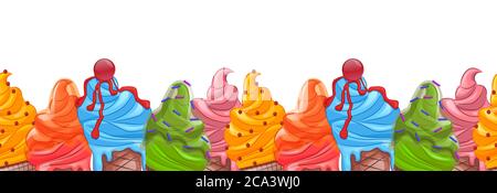 Nahtlose Grenze der Cartoon-farbigen Eis mit verschiedenen Dekorationen. Vektorhintergrund für Ihr Design und Ihre Kreativität Stock Vektor