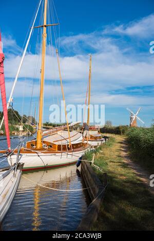 Norfolk Broads, Blick im Sommer auf Boote, die auf dem Abschleppweg bei Horsey im Nordosten der Norfolk Broads, East Anglia, England, Großbritannien, festgemacht sind Stockfoto