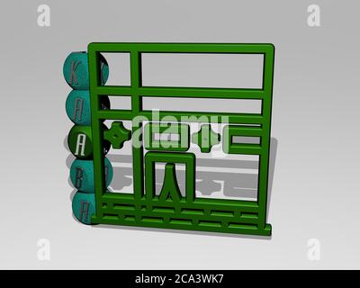 3D-Grafik-Bild von KAABA vertikal zusammen mit Text um das Symbol von metallischen kubischen Buchstaben aus der oberen Perspektive gebaut. Ausgezeichnet für das Konzept Präsentation und Diashows. arabien und Stockfoto