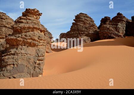 Algerien, Illizi, Tassili N'Ajjer Nationalpark: Teil des Waldes von bizarren Felsformationen und Sanddünen in der Nähe von Djanet. Stockfoto