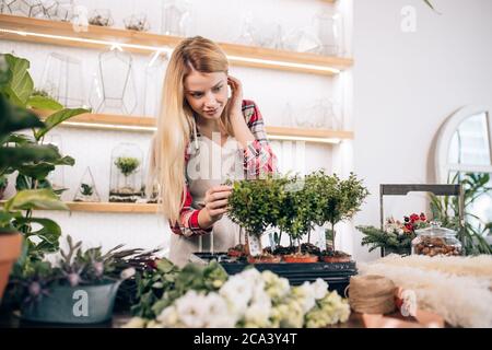 Blumenliebhaber, junge Blumenfrau aus Kaukasier kümmern sich um Pflanzen, tragen weiße Schürze auf rot kariertem Hemd, umgeben von grünen Pflanzen Stockfoto
