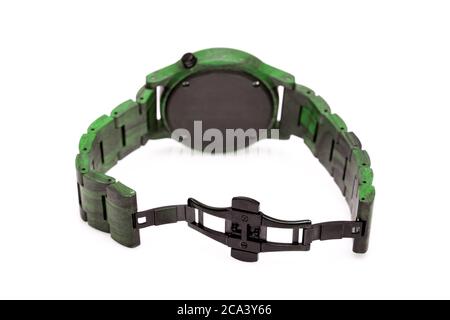 unisex Armbanduhr Rückansicht des Schlosses Armband, umweltfreundliche grüne Objekt auf weißem Hintergrund isoliert. Stockfoto