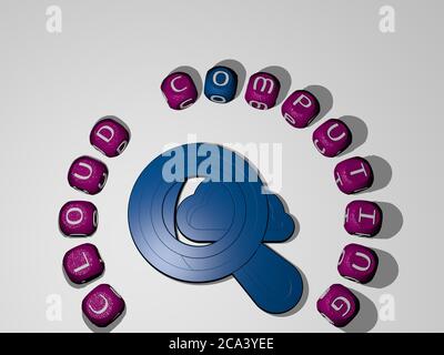 3D-Darstellung von CLOUD COMPUTING mit Symbol an der Wand und Text angeordnet durch metallische kubische Buchstaben auf einem Spiegelboden für Konzept Bedeutung und Diashow-Präsentation. Hintergrund und blau Stockfoto