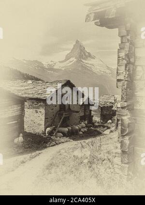 Schweiz. Zermatt. Das ist der Blick auf den ikonischen Matterhorn Berg vom Dorf Findeln in der Nähe des Schweizer Bergurlaubsortes Zermatt im Schweizer Kanton Wallis Stockfoto