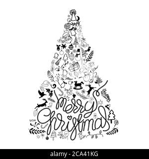 Frohe Weihnachten handgezeichnete Schrift mit Ornamenten Doodle zur Dekoration in Form von Kiefer auf weißem Hintergrund. vektor-Illustration Stock Vektor