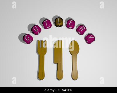 3D grafische Bild von BESTECK vertikal zusammen mit Text um das Symbol von metallischen kubischen Buchstaben aus der oberen Perspektive gebaut, ausgezeichnet für das Konzept Präsentation und Diashows. Hintergrund Stockfoto