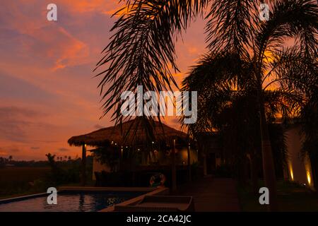 Schöner orange feuriger Sonnenuntergang in den Tropen. Straßendach von Heu, neben dem Pool und mit Blick auf das Reisfeld Stockfoto