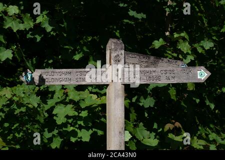 Holzschild mit Hinweis auf öffentliche Wanderwege. Inmitten von Bäumen gelegen, in der Nähe von Woldingham in den Surrey Hills. Stockfoto