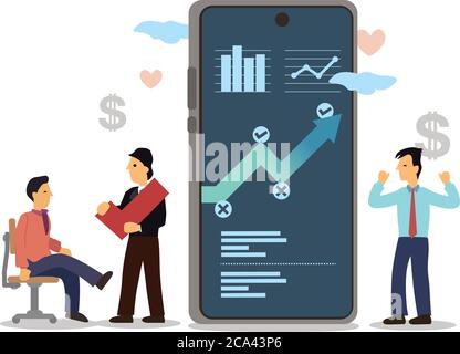 Geschäftsleute mit mobilephone Analyse von Verkaufsdaten und Wirtschaftswachstum Diagramm. Geschäftsstrategie, digitales Marketing oder Anlagekonzept. Flach c Stock Vektor