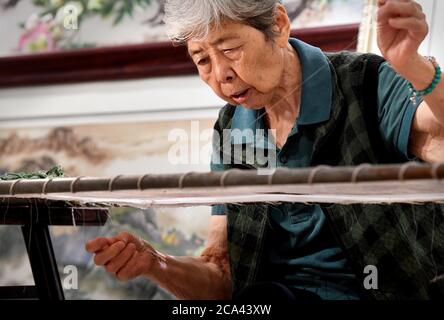 (200804) -- ZHENGZHOU, 4. August 2020 (Xinhua) -- Wang Suhua macht in ihrer Firma in Kaifeng, der zentralchinesischen Provinz Henan, 30. Juli 2020 Bian-Stickereien. Wang Suhua, 85, ein immaterielles Kulturerbe auf nationaler Ebene, der die bianische Stickerei erbt, macht die Arbeit seit 1957. Durch das Sammeln alter bischer Stickarbeiten und das Aussortieren traditioneller Stickkunst in der Song Dynastie schufen Wang und ihre Arbeitskollegen mehr als zehn neue Sticharten und erschafften 1959 erfolgreich ein bisches Stickmeisterwerk des berühmten alten Gemäldes "entlang des Flusses während des Qingming Festes". Stockfoto