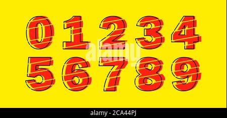 Satz von zehn Zahlen von Null bis neun. Glitch Moderne Rote Vektor-Nummer Design-Elemente. Zahlen Vektor Trendy Flache Linie Stil. Vektorelemente Illustra Stock Vektor