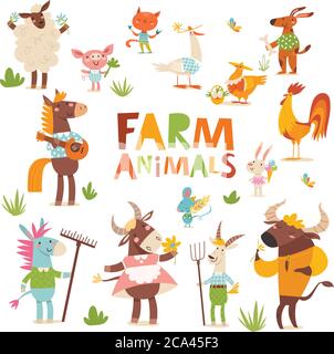 Vector cartoonfarm Tiere lustige Charaktere in flachen Stil Stock Vektor