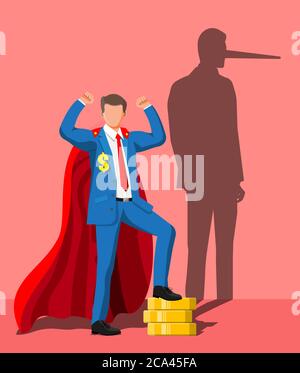 Geschäftsmann mit langer Nase Schatten an der Wand. Lügner, lügende Menschen im Geschäft. Betrügen, Betrug, Betrug, Betrug, Betrug und Verbrechen. Vektorgrafik im flachen Stil Stock Vektor