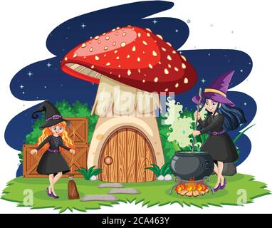Junge schöne Hexen mit Pilz Haus Cartoon-Stil isoliert auf weißem Hintergrund Illustration Stock Vektor