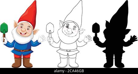 GNOME hält Schaufel in Farbe und Umriss und Silhouette in Cartoon-Charakter auf weißem Hintergrund Illustration Stock Vektor