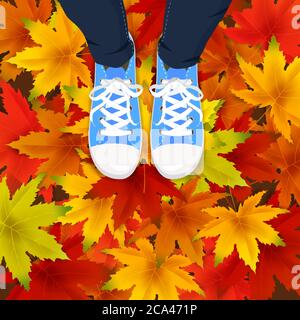 Herbst Blätter Hintergrund Vorlage mit roten, orange, braun und gelb Ahornblätter Beine Draufsicht in Schuhen Sneakers auf bunt fallende Blätter. Vektor Stock Vektor
