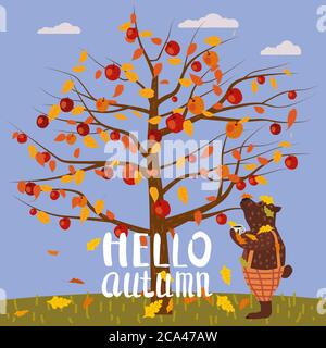 Hallo Herbstschrift Apfelbaum. Cute Bear bedeckt gefallenen Herbstblätter mit Tasse Kaffee, Herbst Landschaft Herbst. Vektordarstellung isoliert Stock Vektor