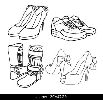 Set aus verschiedenen Doodle Umrisse von Damenschuhen. Vektor-Element für Ihre Kreativität Stock Vektor