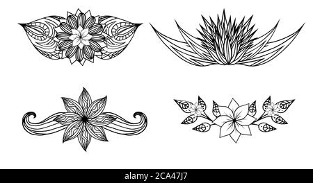 Set von schwarz-weißen Design-Elementen mit Doodle Blumen und Blättern. Vektorelemente für Einladungen, Grußkarten und Ihre Designideen Stock Vektor