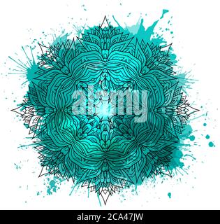 Kreisförmiges Muster aus handgezeichneter Boho-Zeichnung mit Aquarellspritzern. Tribal Doodle Hintergrund. Vektor-Element für Ihre Kreativität. Stock Vektor