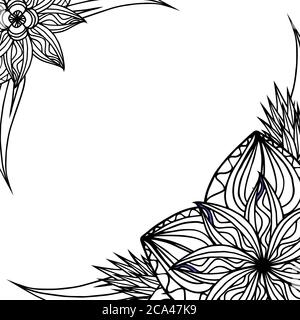 Quadratischer schwarz-weißer Rahmen mit Doodle Blätter und Blumen. Vektor-Element für Einladungen, Grußkarten, Karten und Ihr Design Stock Vektor