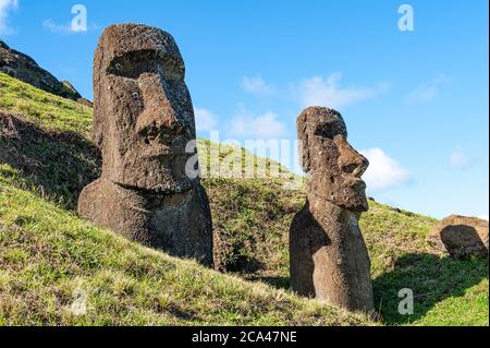 Moai liegt am Hang des Vulkankraters Rano Raraku auf der Osterinsel in Chile. Stockfoto