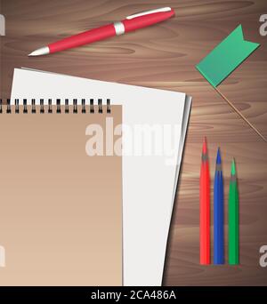 Satz von Papeterie auf Holzhintergrund. Vektor-Elemente getrennt vom Hintergrund zu Ihrer Präsentation, Design-Projekte und Ihrer Kreativität Stock Vektor