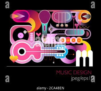 Musik Design Vektor Illustration. Gradient-Effekt farbige Komposition von verschiedenen Musikinstrumenten isoliert auf schwarzem Hintergrund. Stock Vektor