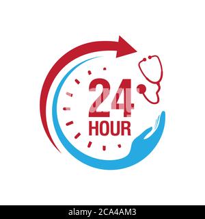 24 Stunden medizinische Versorgung Service-Vektor-Symbol. Tag / Nacht-Dienste-Button-Symbol. Abbildung von 24/7 Zeichen isoliert auf einem weißen Hintergrund. Stock Vektor