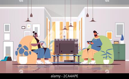 Junges Paar mit Joysticks spielen Videospiele auf tv Mann Frau verbringen Zeit zusammen zu Hause Wohnzimmer innen horizontale volle Länge Vektor-Illustration Stock Vektor