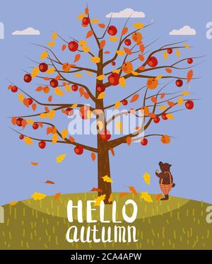 Hallo Herbstschrift Apfelbaum. Cute Bear bedeckt gefallenen Herbstblätter mit Tasse Kaffee, Herbst Landschaft Herbst. Vektordarstellung isoliert Stock Vektor
